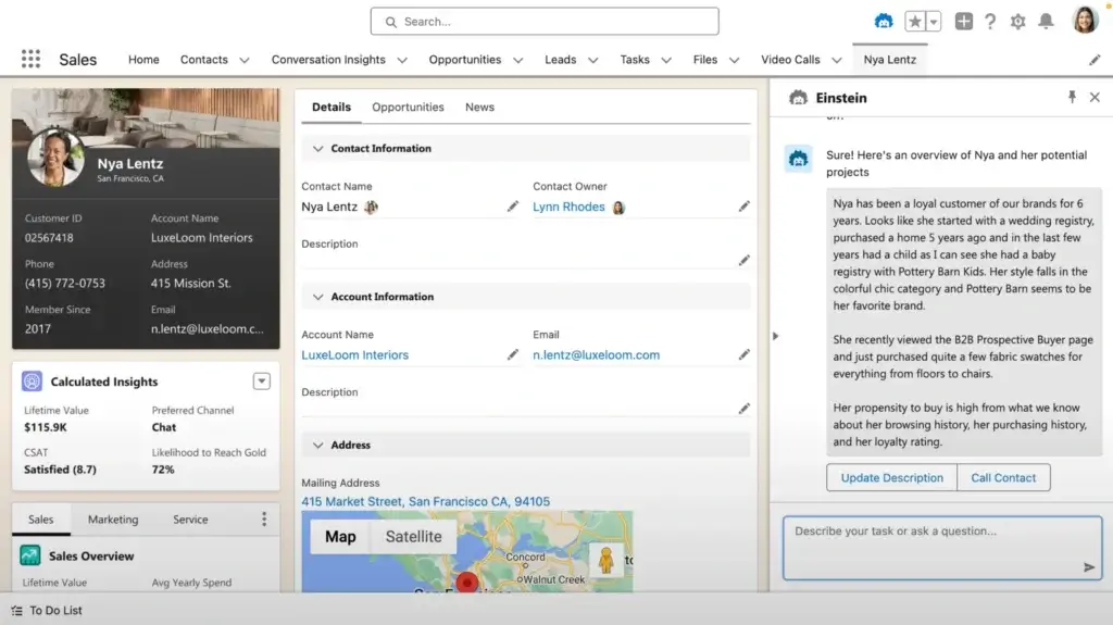 Salesforce AI assistant summarizing customer history for sales teams