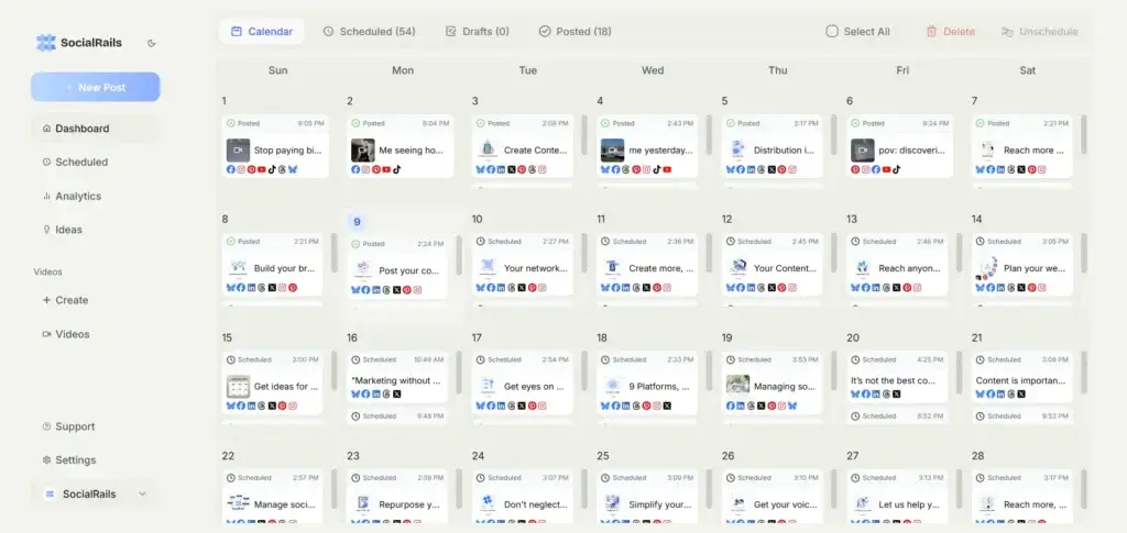 SocialRails Social Media Scheduling Dashboard with Content Calendar
