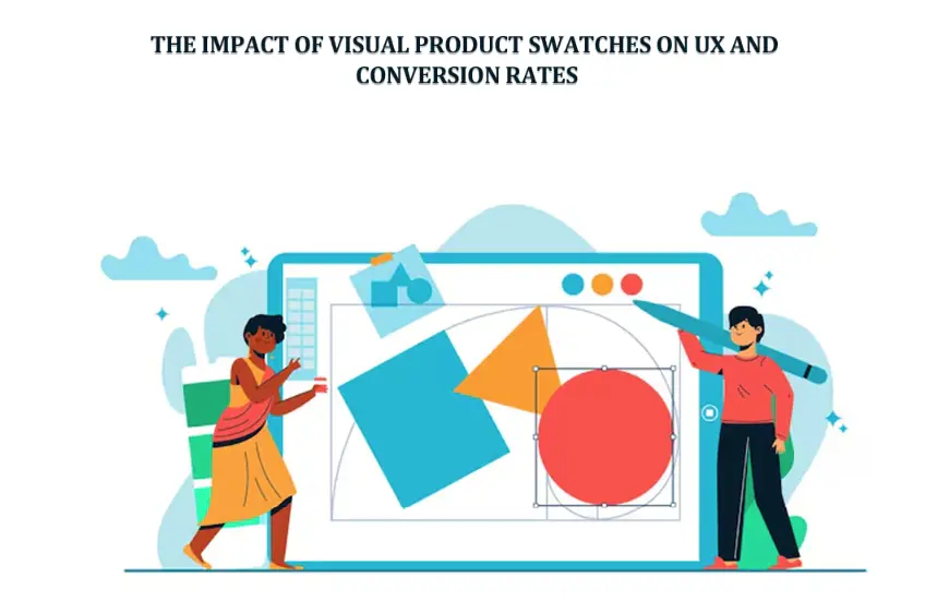 Illustration showing designers working on a UI concept for visual product swatches and better shopping UX