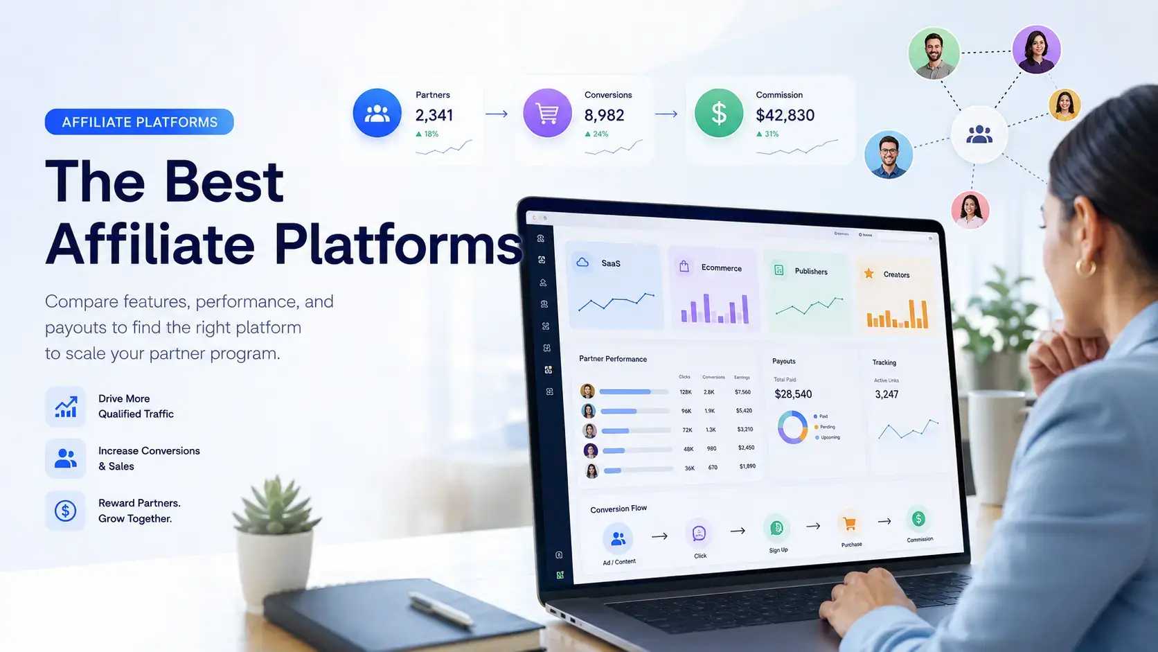 Affiliate platform comparison dashboard for SaaS, ecommerce, publishers, creators, tracking, and payouts