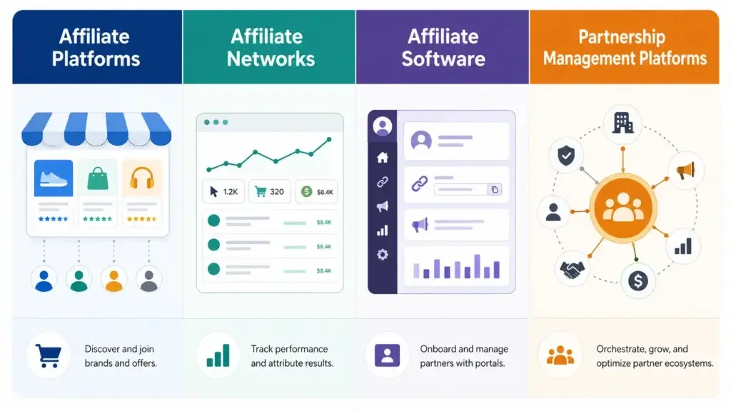 Affiliate platform vs affiliate network vs affiliate software comparison infographic