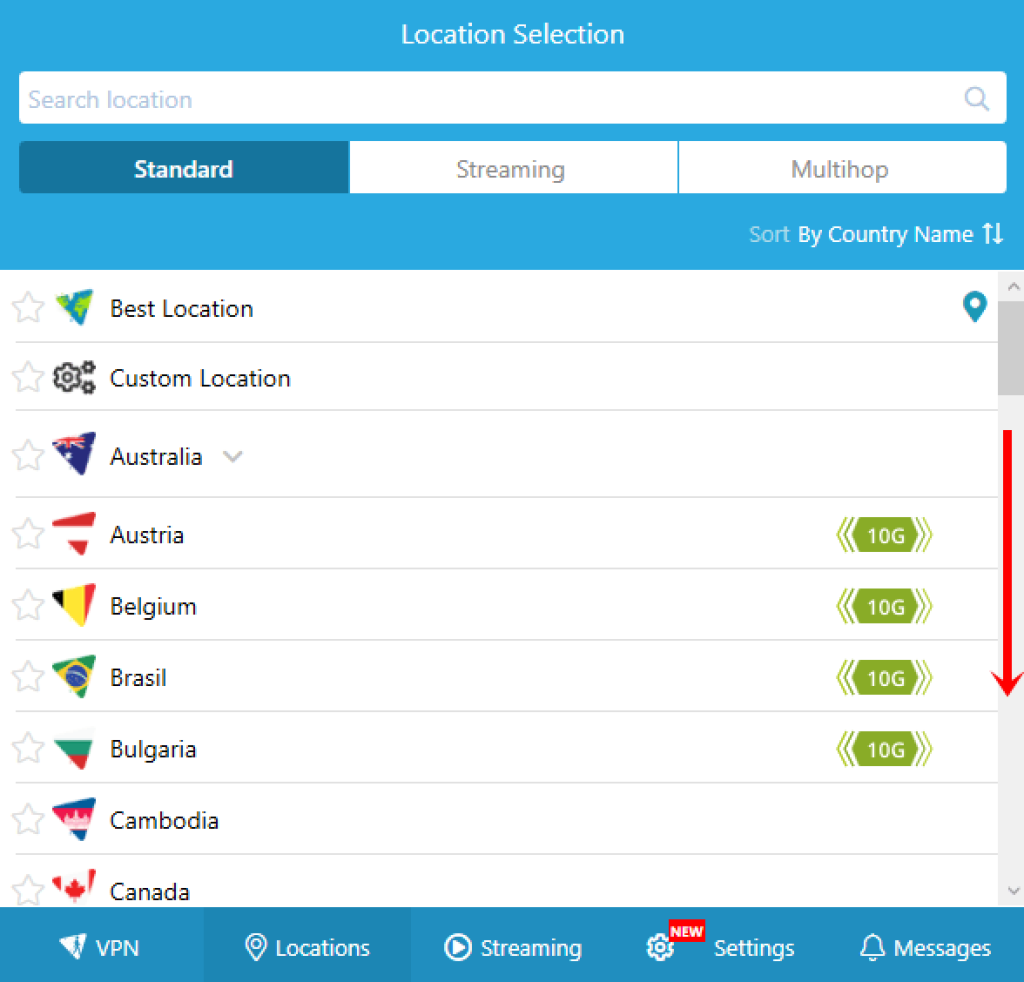 hide.me VPN server list with standard, streaming, and multihop location tabs