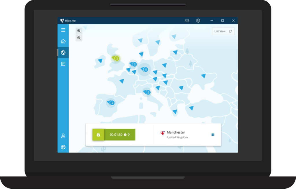 hide.me VPN map view showing European server locations and active connection