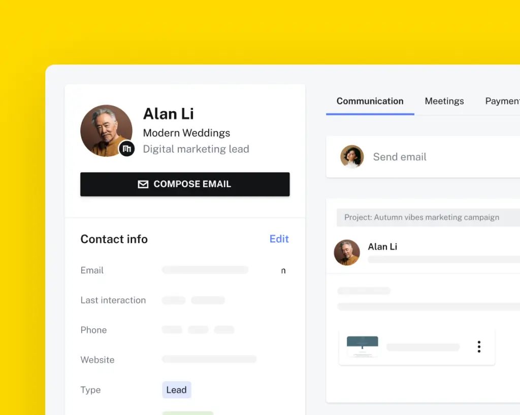 HoneyBook client profile and communication workspace