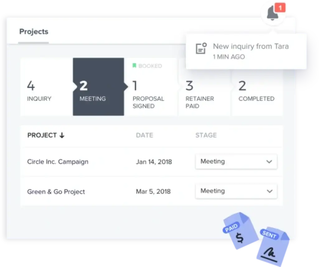 HoneyBook project pipeline for managing client inquiries