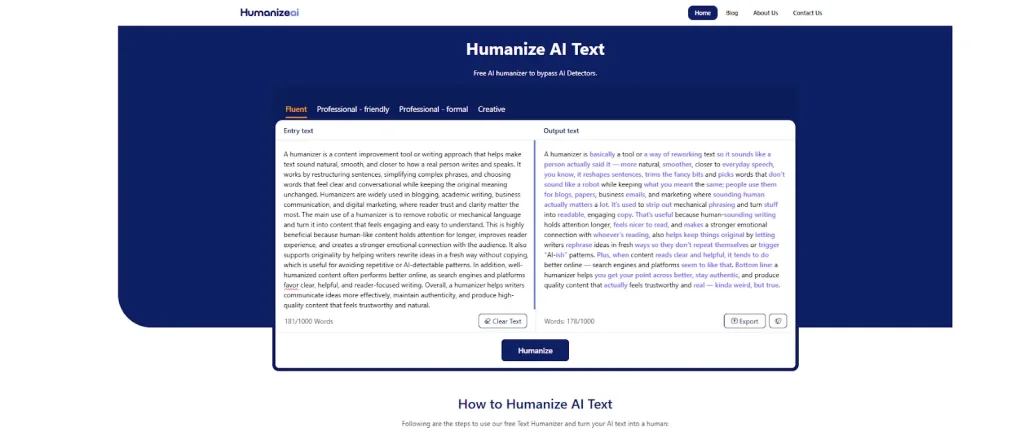 humanizeAI tool converting robotic text into natural writing