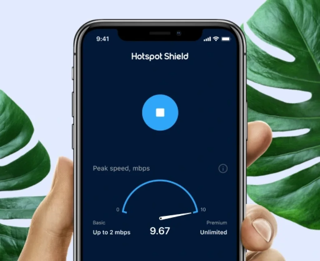 Hotspot Shield mobile app showing real-time VPN speed and connection status