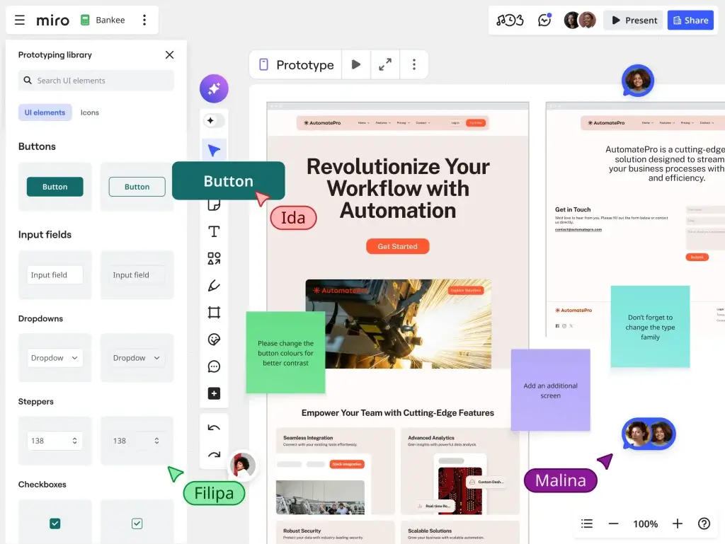 Miro for prototyping library with UI elements, buttons, and collaborative feedback