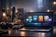 Modern podcast recording setup illustrating audio formats and production