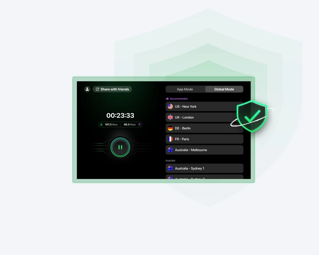 SafeShell VPN app interface showing App Mode and Global Mode with server locations