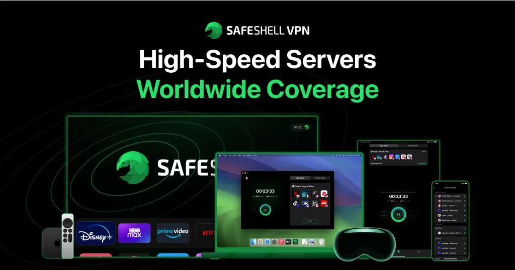 SafeShell VPN running across multiple devices with worldwide server coverage display