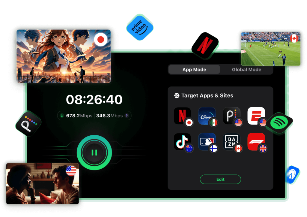 SafeShell VPN App Mode targeting streaming apps with high-speed connection stats
