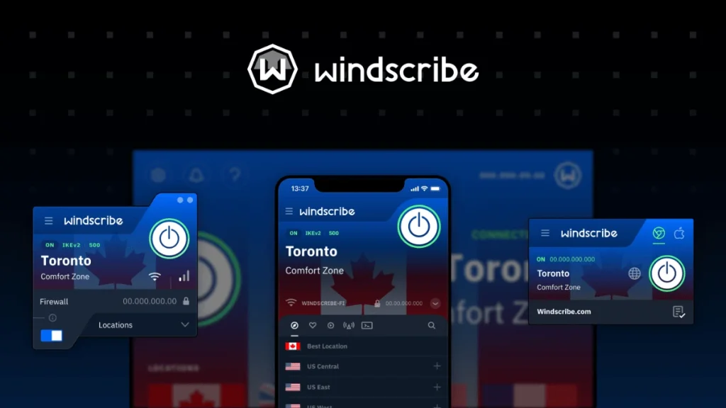Windscribe VPN app interface shown across desktop and mobile devices