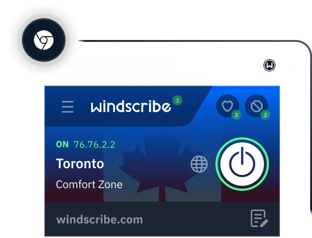 Windscribe VPN Chrome extension interface with active Toronto connection