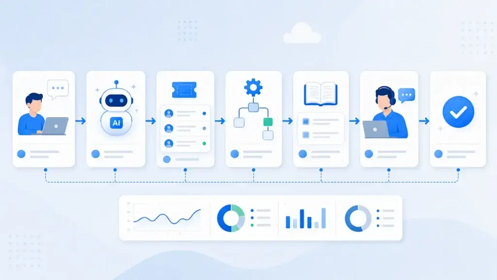 AI-driven ITSM workflow with ticket routing, automation, knowledge base, and support resolution