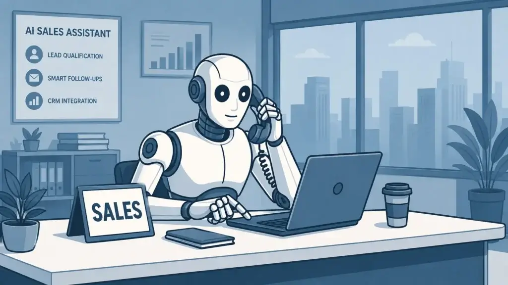 Robot in office setting acting as an AI sales assistant with phone and laptop
