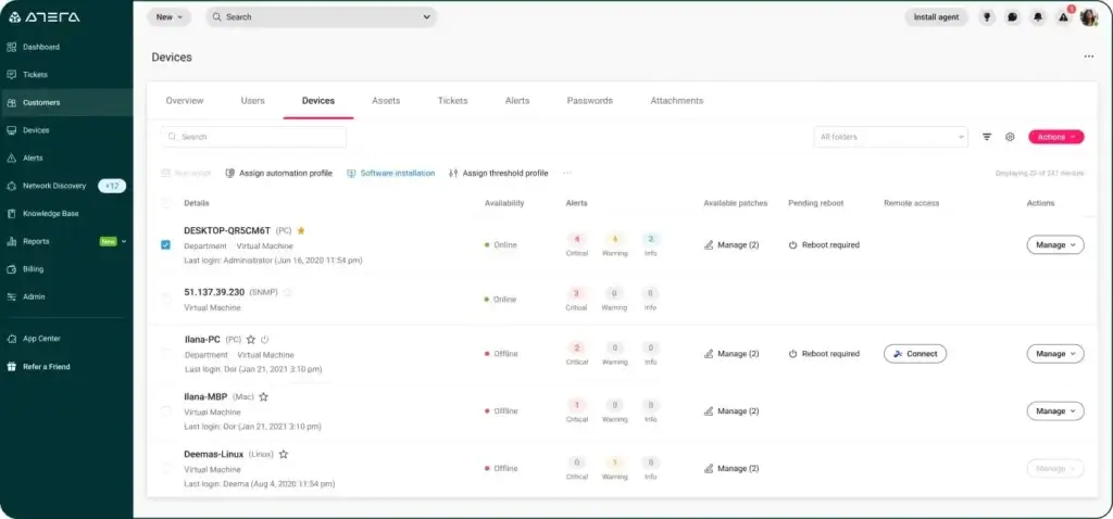 Atera RMM device management screen with alerts, patches, and remote access