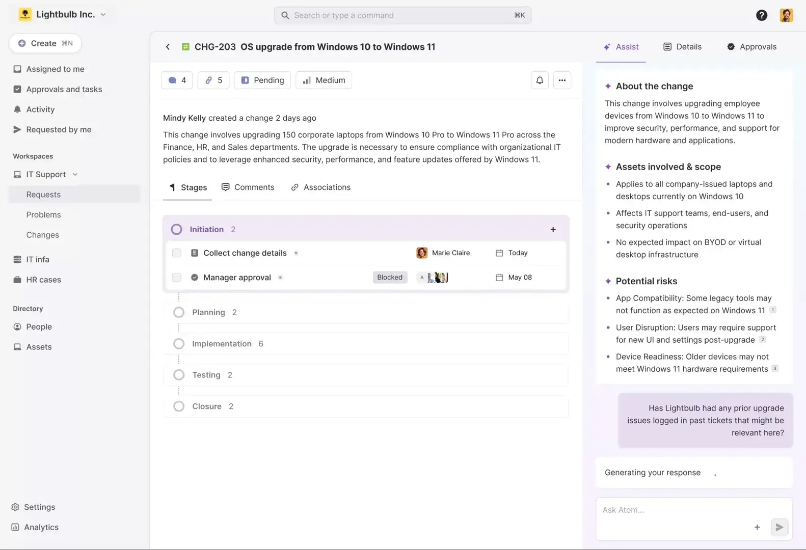Atomicwork dashboard showing a Windows 11 change request with approval stages and AI assistance.