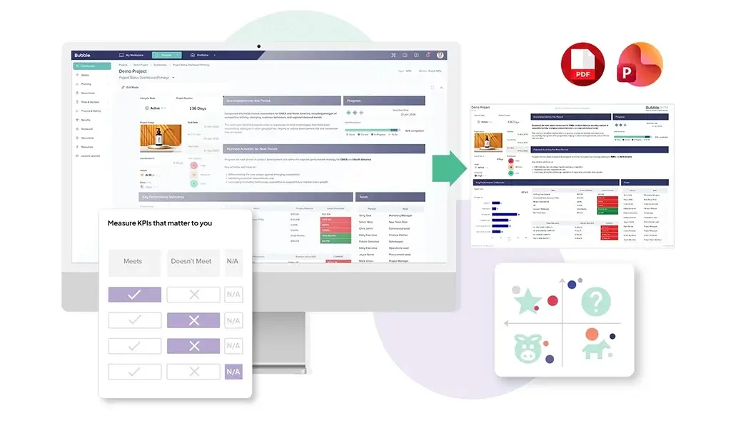 Bubble PPM dashboard showing KPI tracking and project report export options