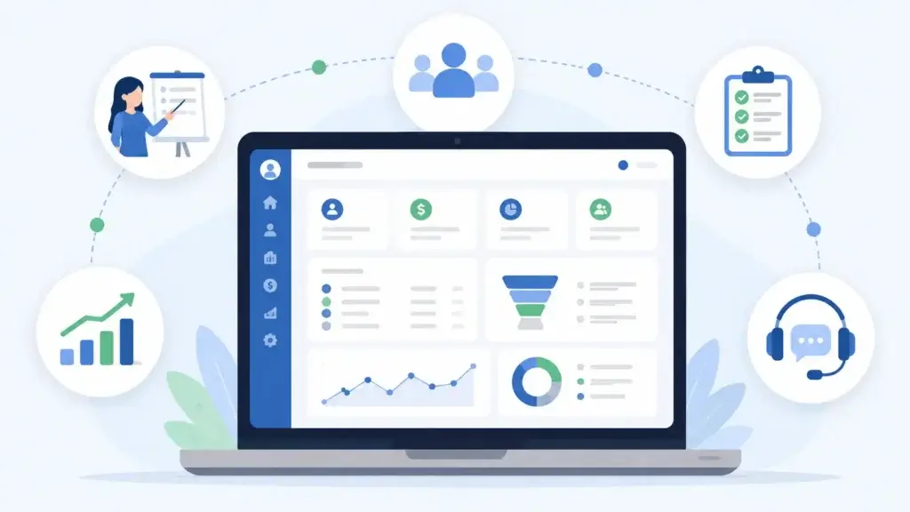 CRM user training and adoption with dashboard, checklist, and progress icons