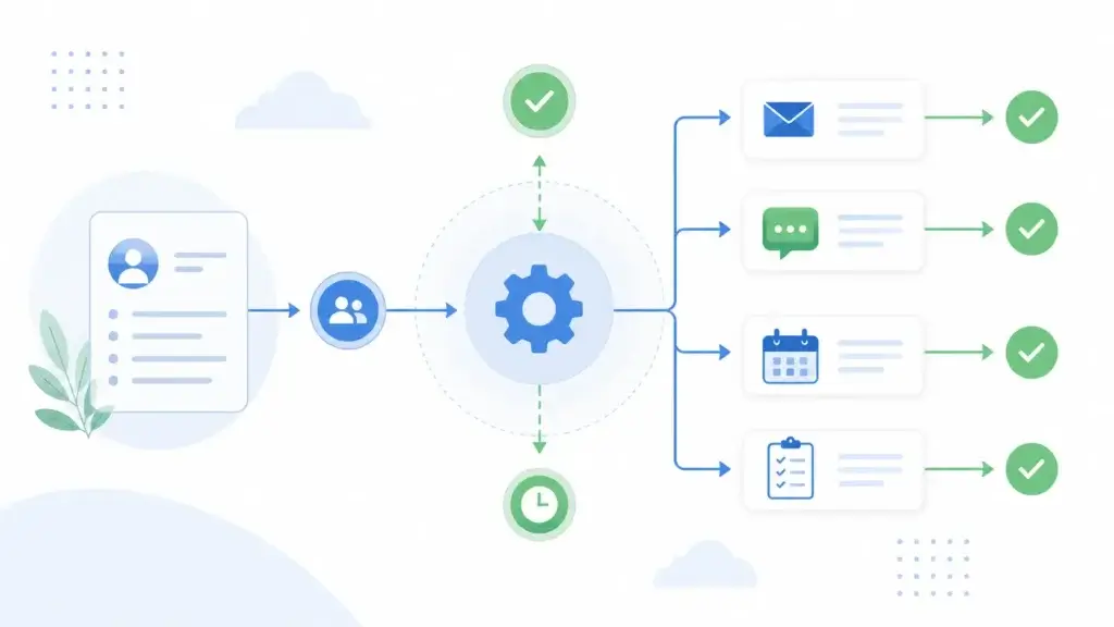 CRM automation workflow connecting tasks, messages, calendars, and customer records