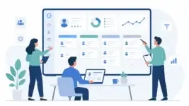 Team setting up a CRM system with customer profiles, pipeline stages, and reports