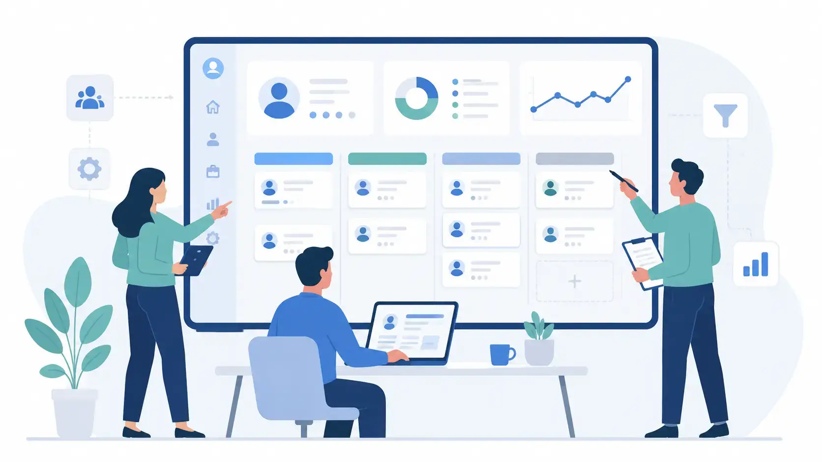 Team setting up a CRM system with customer profiles, pipeline stages, and reports
