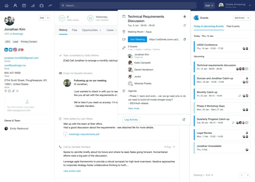 Capsule CRM Outlook calendar integration with meeting details