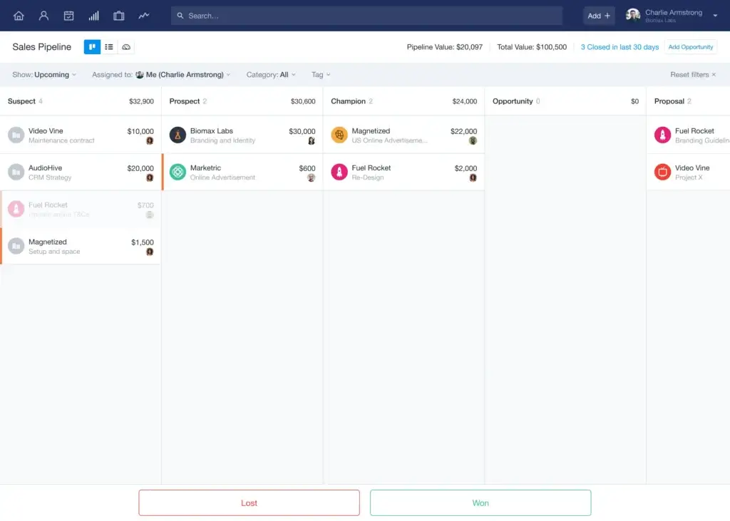 Capsule CRM sales pipeline with Kanban deal stages