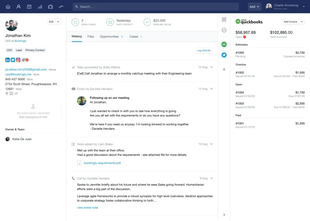 Capsule CRM contact profile with activity history