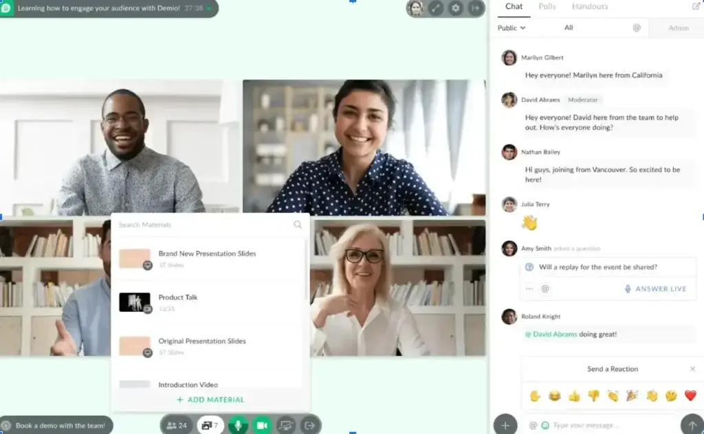 Demio live webinar room with presenter video, chat, Q&A, and shared materials