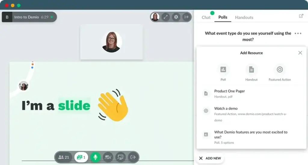 Demio webinar interface with polls, handouts, and featured actions