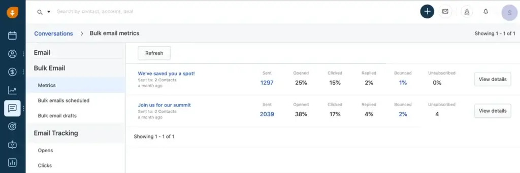 Freshsales bulk email metrics dashboard