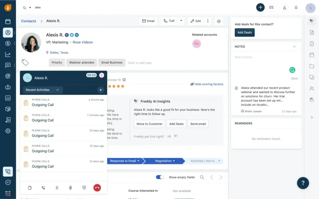 Freshsales contact profile with cloud telephony and Freddy AI insights