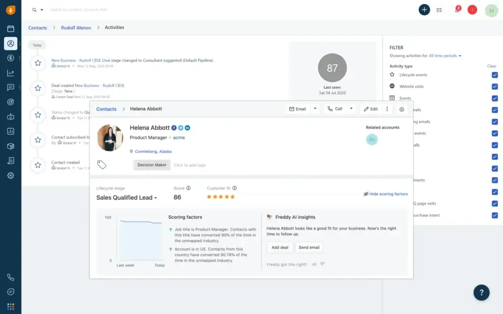 Freshsales contact list with scores and open deal amounts