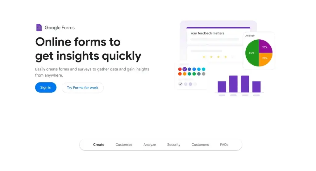 Google Forms homepage showing online forms and response analytics