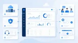 Business IT solutions dashboard showing cloud, security, ITSM, automation, and collaboration