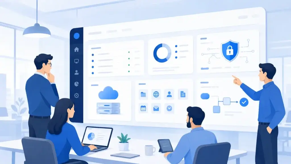 IT team managing business IT solutions across support, security, cloud, and automation