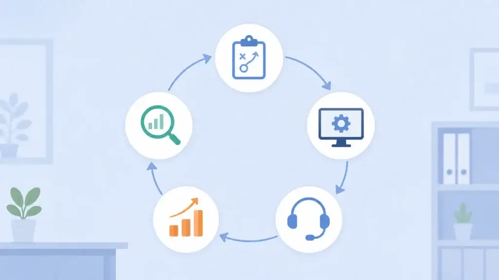 ITIL 4 service improvement cycle with planning, delivery, support, and review