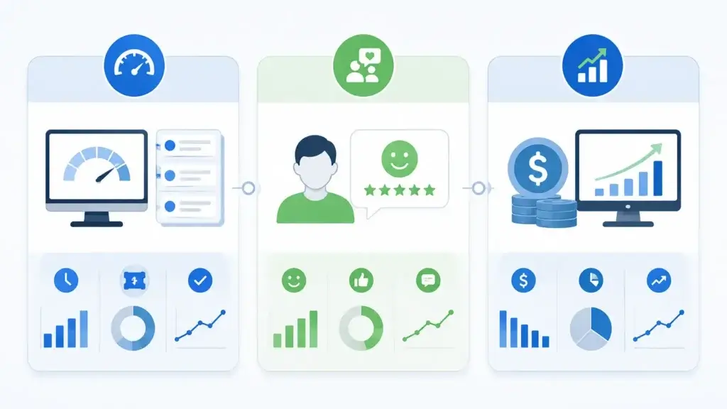 Comparison of operational, customer satisfaction, and financial ITSM KPI categories