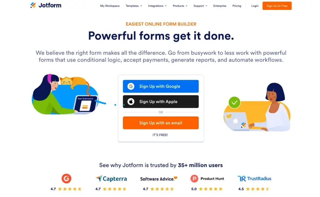 Jotform homepage showing online form builder and signup options