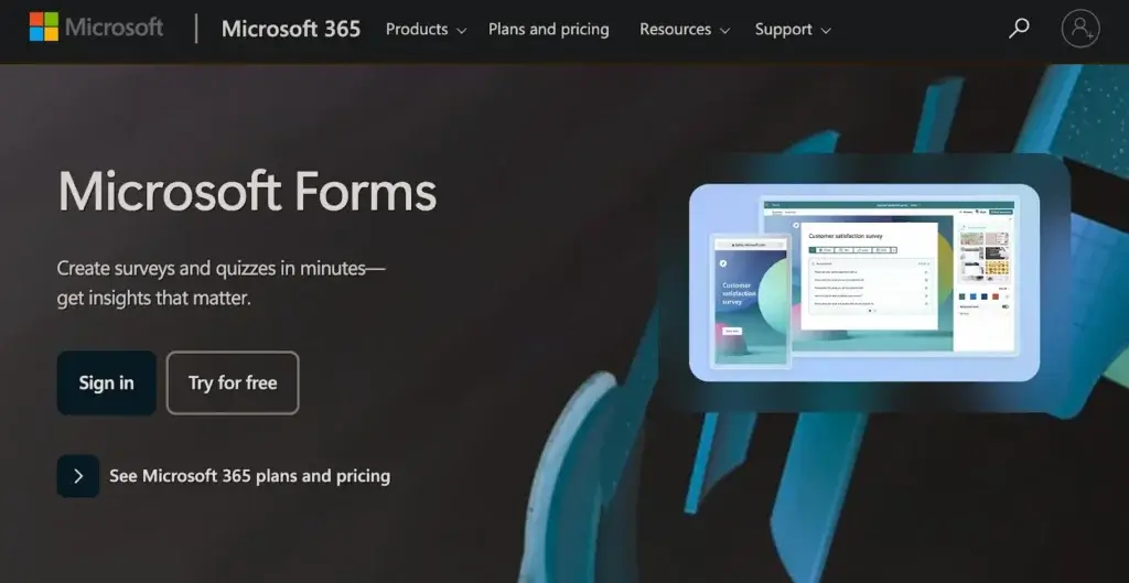 Microsoft Forms homepage showing survey and quiz creation interface