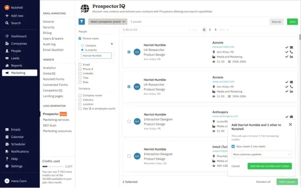 Nutshell ProspectorIQ lead generation tool with contact filters
