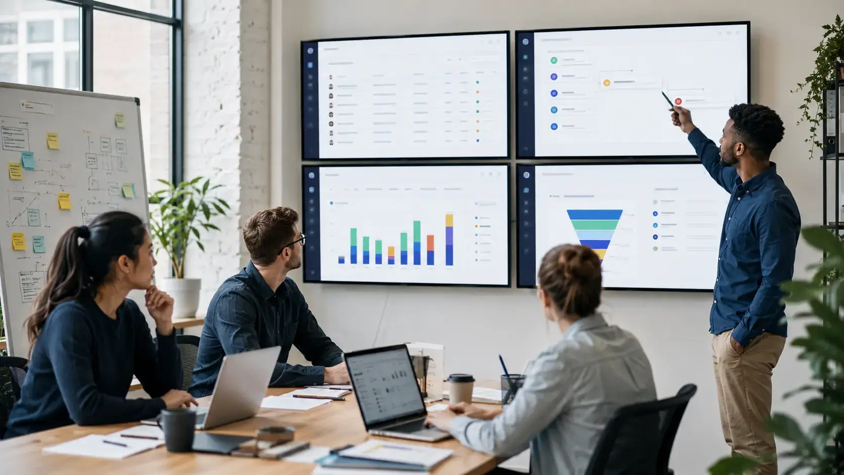 Startup sales team reviewing CRM data and outbound sales pipeline