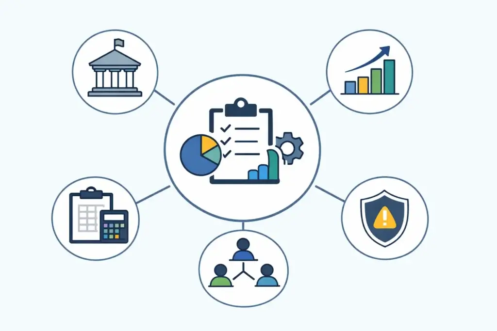 Core functions of a project management office shown with simple business icons