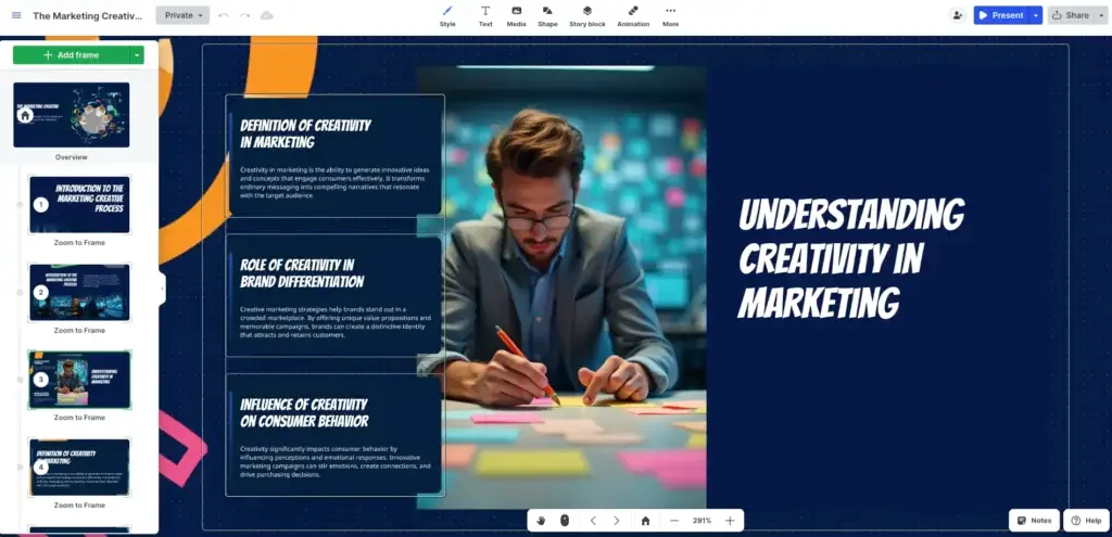 Prezi editor interface with frames, text tools and presentation controls