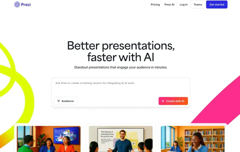 Prezi homepage showing AI presentation prompt and Create with AI button
