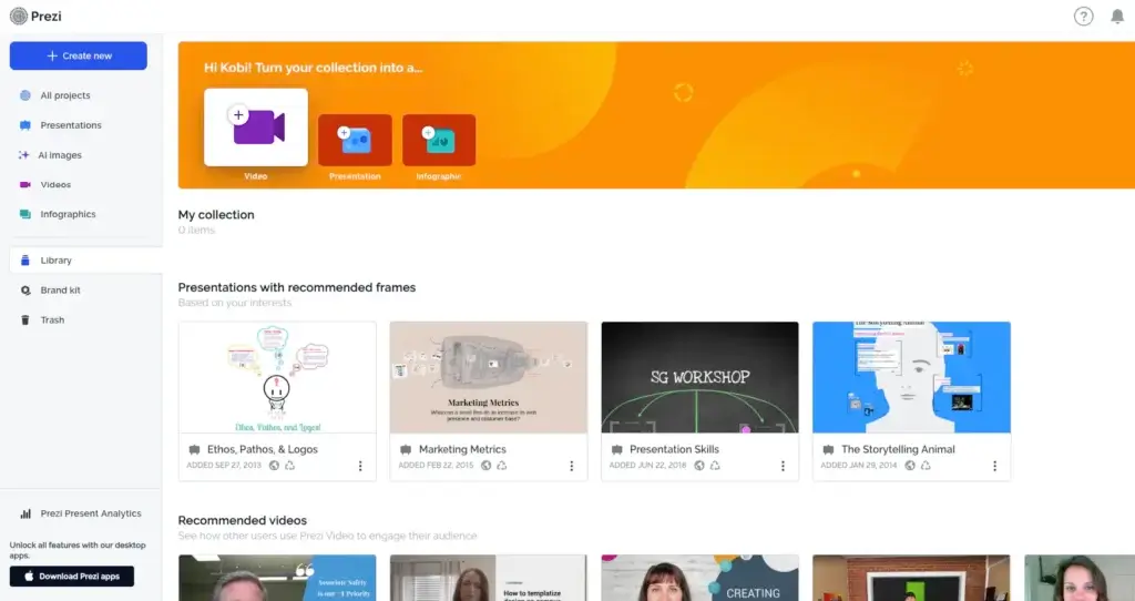 Prezi dashboard with project library, presentations, videos and AI images
