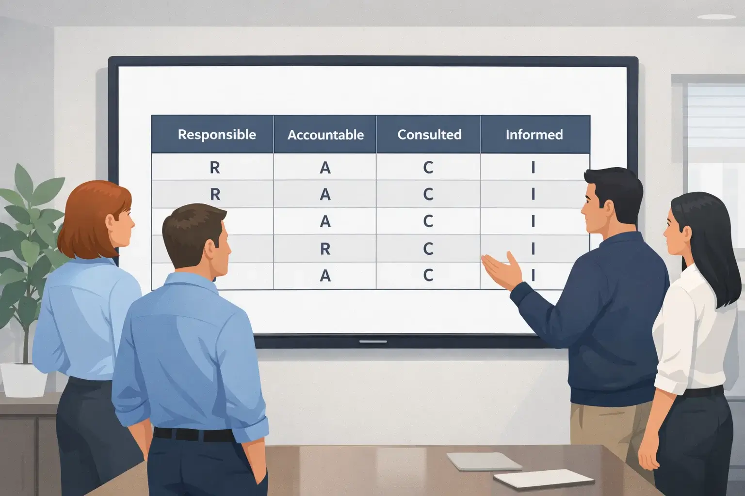 Project team reviewing a clear RACI matrix in a modern office