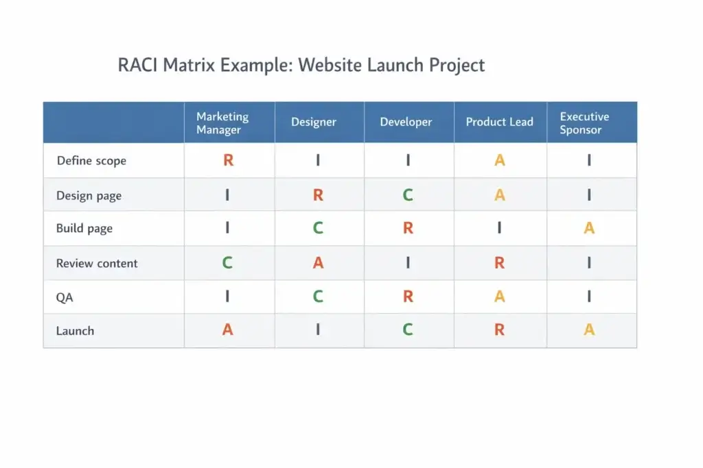 Example RACI matrix for a website launch project